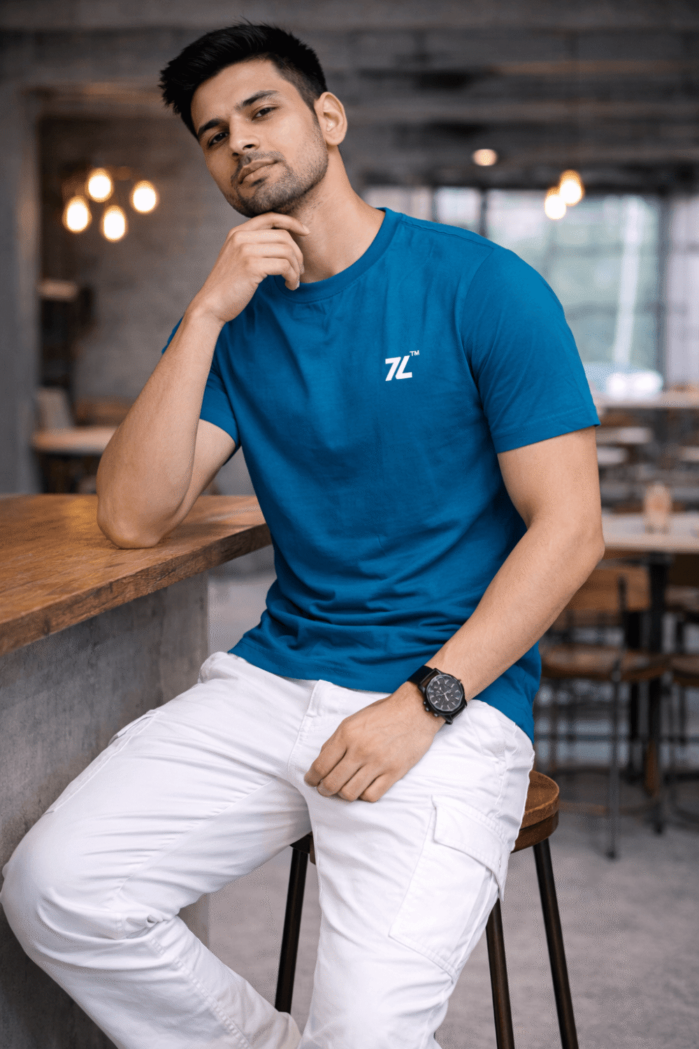 Turquoise Blue Round Neck T-Shirt for Men