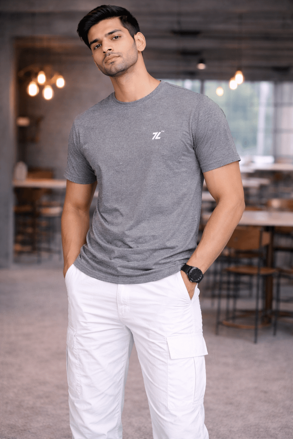 Grey Melange Round Neck T-Shirt for Men